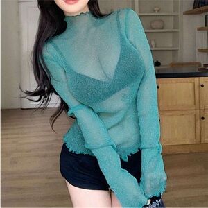 Teal Blue Lurex Lettuce Trim Mesh Mock Turtle Neck Long Sleeve Top Mult. Sz New